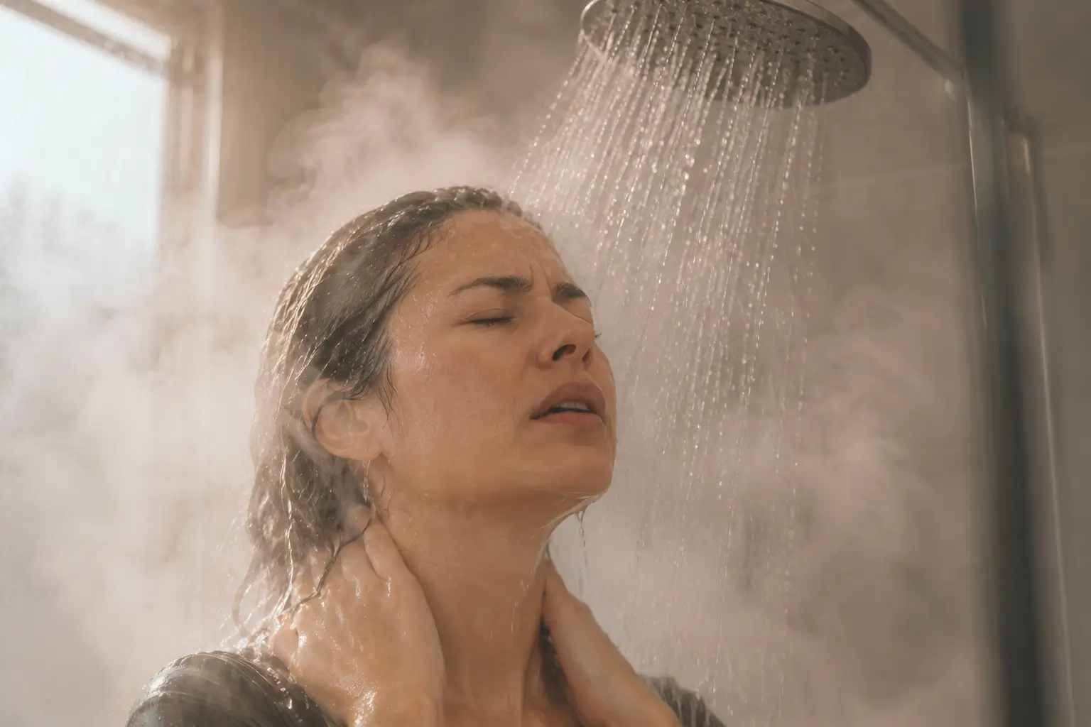 Persona duchándose con agua muy caliente y abundante vapor.